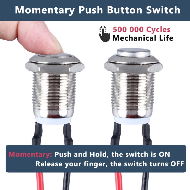 DMWD 2-Pack 12mm Momentary Metal Waterproof Push Button Switch Raised Head 1/2" Mounting Hole with Pre-soldered Cable 250V 2A 1NO - Image 2